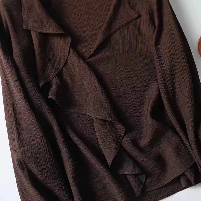 YENKYE Spring 2025 Women Brown Long Sleeve V Neck Ruffle Shirt Office Casual Blouse Blusas Mujer 5
