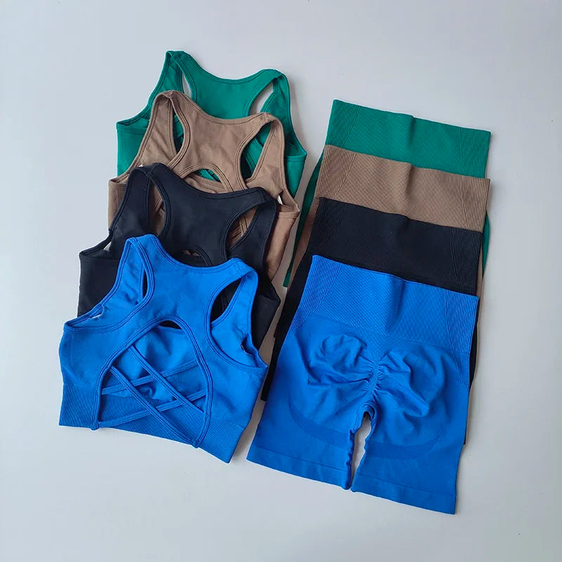2 PCS Women's Seamless Yoga Set Sexy Sport Bra High Waist Sports Shorts Gym Fitness Sleeveless Workout Suit Sporstwear 3