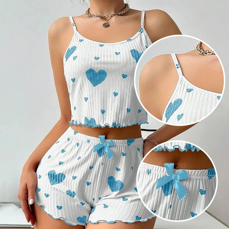 Love Printing Pajamas Set Sleepwear 2 PCS Short Tank Tops And Shorts 6