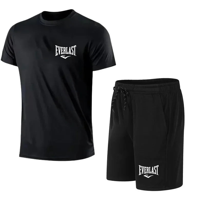EVERLAST Men's T-shirt + Shorts 2pcs Set Leisure Breath Short Sleeve Sport Jogging Gym Brand Print Clothing