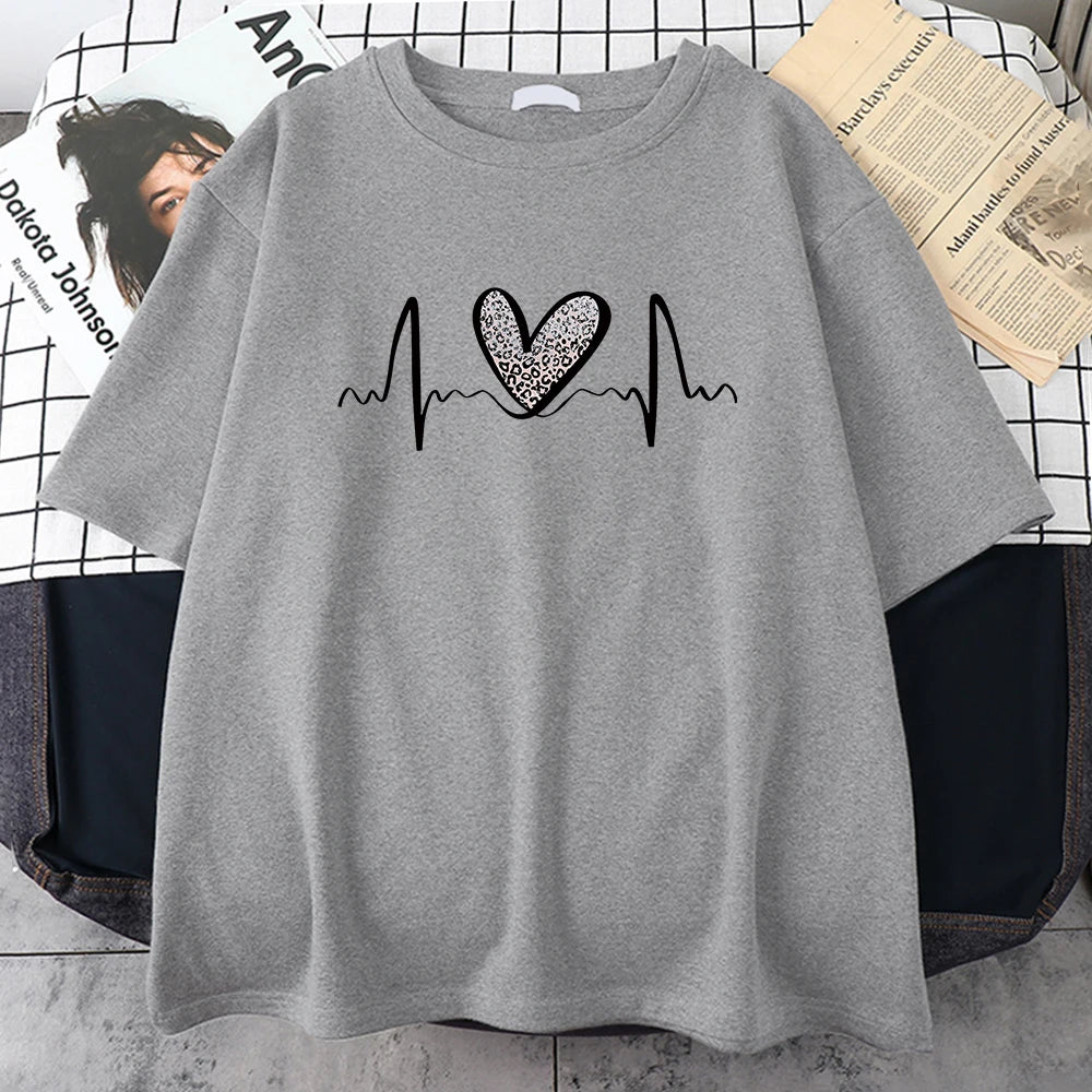 Leopard Heart Electrocardiogram T-Shirt Women Summer Soft Clothing Fashion Short Sleeve Plus Size Cotton Tshirts 2