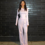 Apprabant Solid Pleated Casual Basic Trousers Set Round Neck Long Sleeve Top Fashion Sports Style High Waist Wide Leg Pants Suit