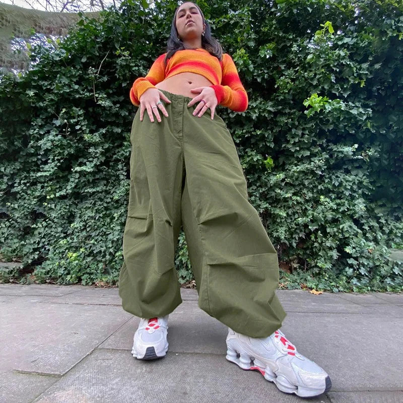 Vintage Solid Low Waist Drawstring Baggy Trousers Women Y2K Wide Leg Sweatpants Streetwear Cargo Pants Casual Joggers Tech Pant 5
