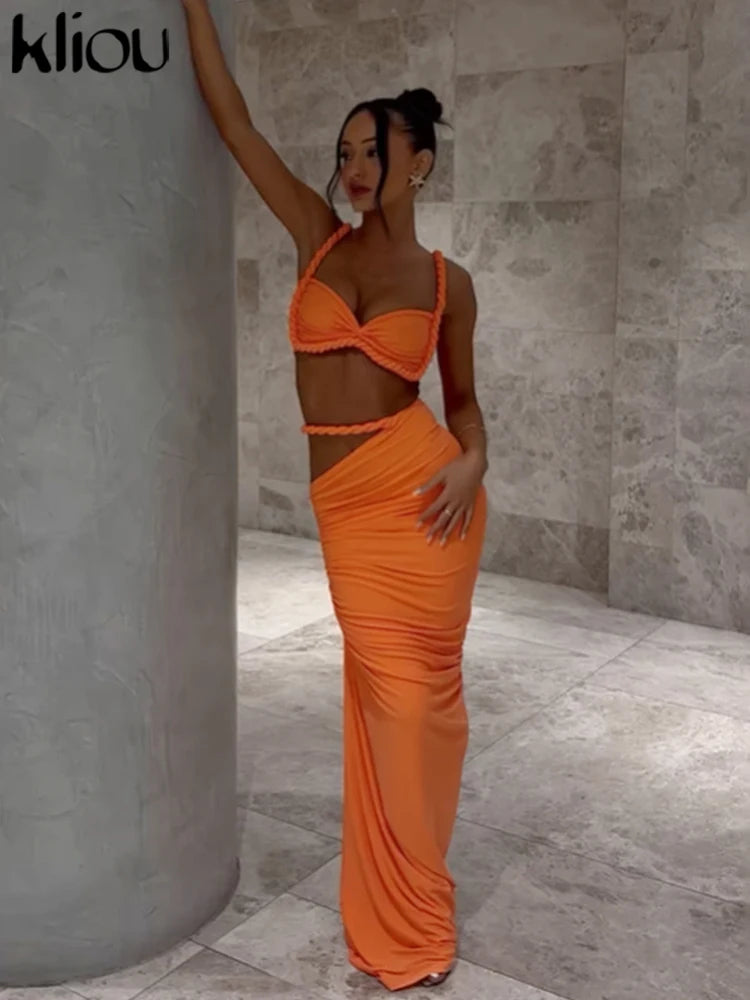 kliou Woven Sexy Women 2 Piece Set Stunning Hot Solid Pleated Crop Camisoles+High Waist Maxi Skirts Female Trend Vacation Outfit 6