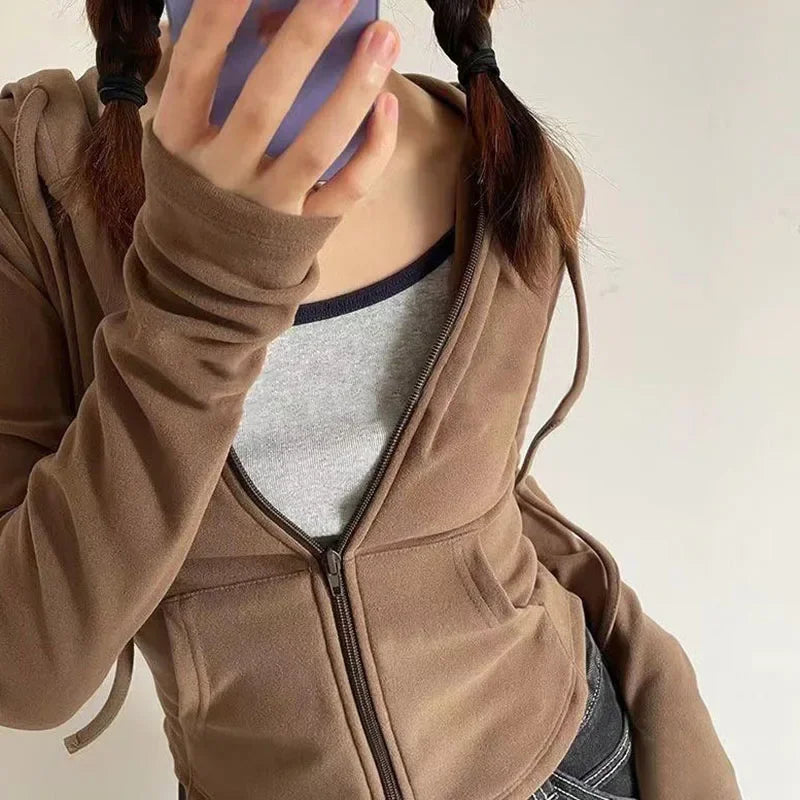 Lucyever Cropped Hooded Zip-Up Jacket Women Autumn New Slim Long Sleeve Y2K Sweatshirts Female Solid Streetwear Sports Hoodies 3