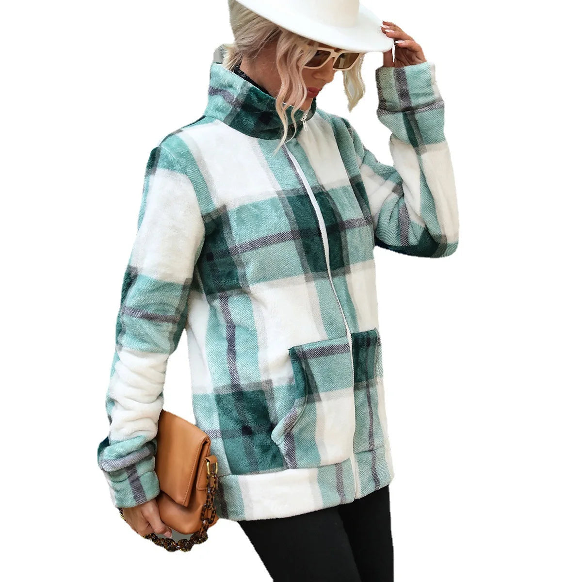 A mid-length, long-sleeved, stand-up collar, plaid zipper, loose golden mink fleece jacket for women 5
