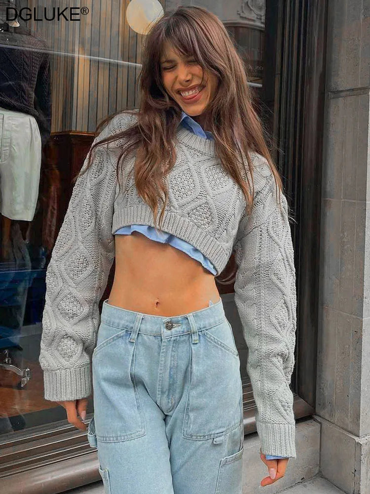 Designer Cropped Sweater Women Long Sleeve Oversized Sweater Autumn Winter Argyle Knitted Sweater Y2K Crop Top Streetwear 3
