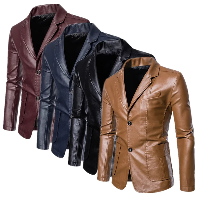 2024 New Men Business Casual Leather Jacket Black / khaki Fashion Male Suit Collar Coats Large Size 5XL Slim Fit Top