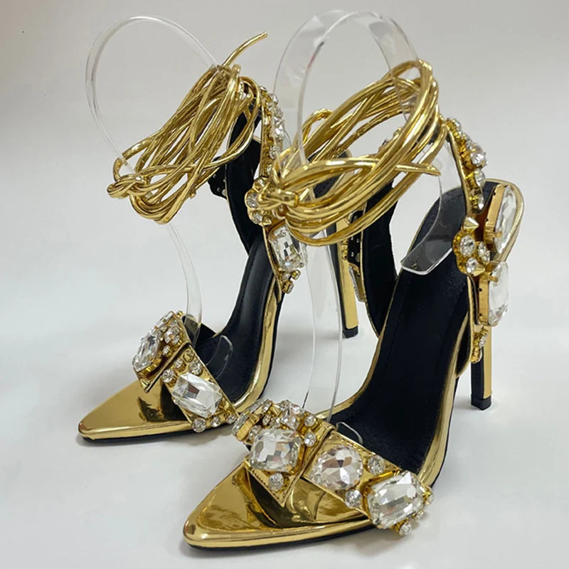 Glamorous Gold Ankle Strap Sandals for Women | Crystal Embellished Party Heels