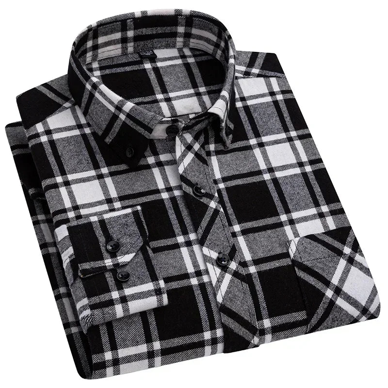 Autumn Thick Flannel Shirt Plaid Shirts Standard-Fit For Men Long Sleeve Pure Cotton Fashion Single Patch Pocket Design Young 6