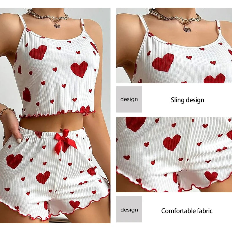 Love Printing Pajamas Set Sleepwear 2 PCS Short Tank Tops And Shorts 4