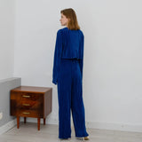 Home Suit Women Long Sleeve T Shirts Two Piece Sets Bodycon Blue Pleated Pants Set Streetwear Elegant Wide Trouser Suits 2023 6