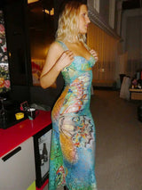 Y2K Lace Print Bandage Dress | Cut-Out Maxi Bodycon for Party & Club