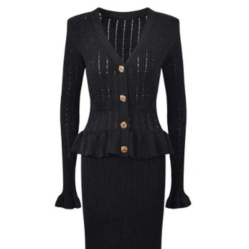 YuooMuoo Brand Fashion One-piece Knitted Maxi Dress Women Elegant V-neck Ruffled Slim Waist Bodycon Sweater Dress Party Vestido 3