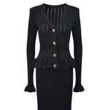 YuooMuoo Brand Fashion One-piece Knitted Maxi Dress Women Elegant V-neck Ruffled Slim Waist Bodycon Sweater Dress Party Vestido 3