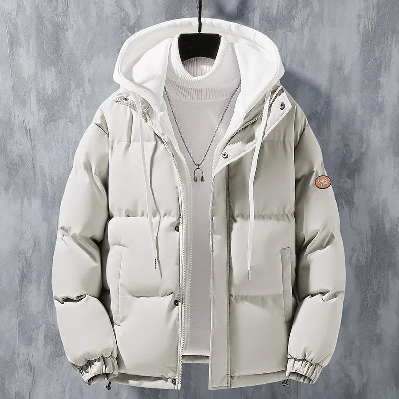 Winter Loose-fit Thickened Warm Cotton Coat Hood For Men Trendy Student Puffer Jacket Two-piece Illusion 3