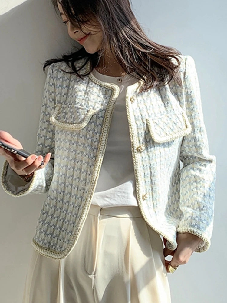High Quality French Vintage Small Fragrance Tweed Jacket Coat Women's Spring Autumn Casual Fried Street Short Coat Plaid Outwear 5