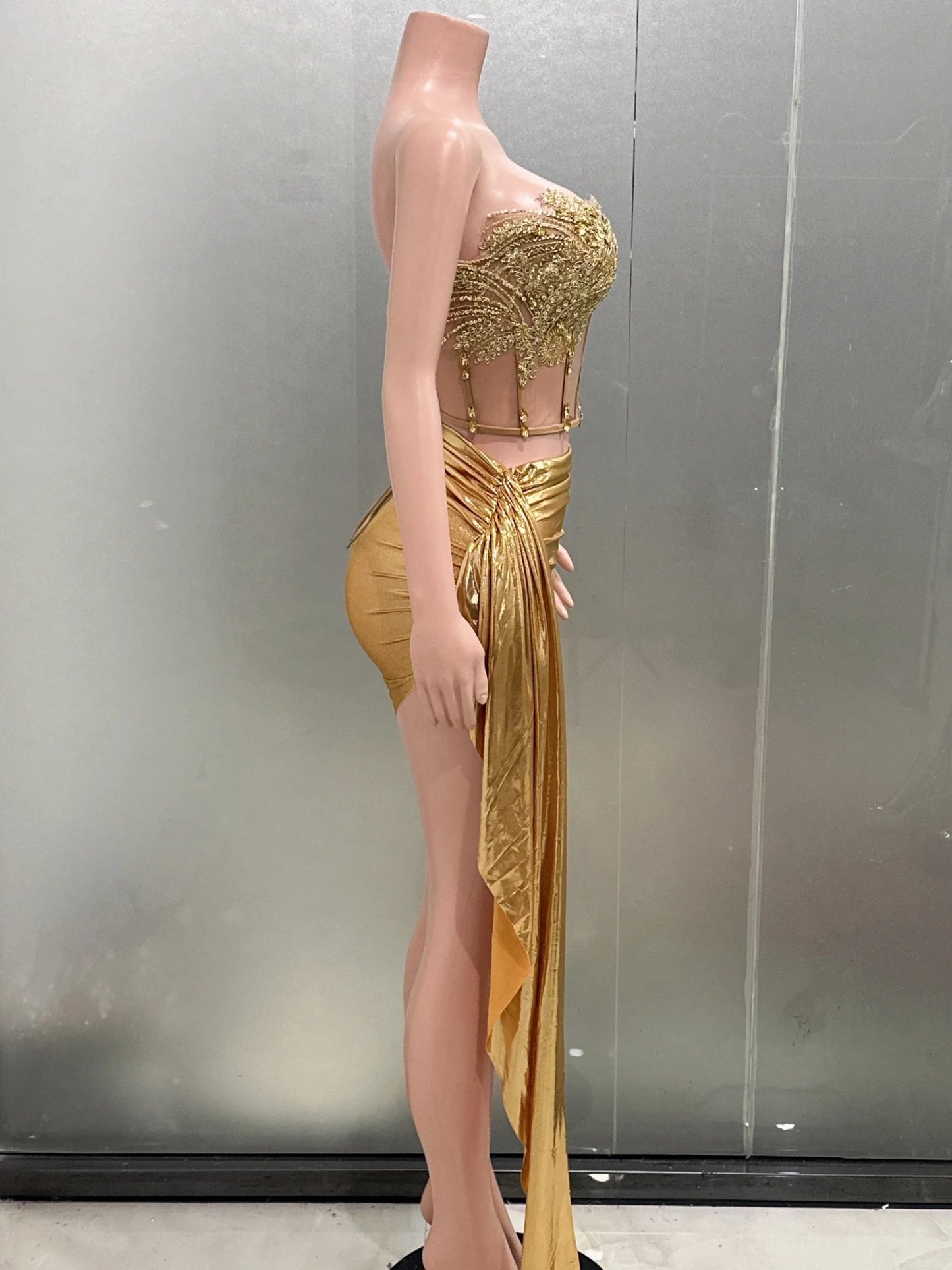 Gold Color Women Sexy 2 Pieces Strapless Bodycon Mini Dress Bar Singer Nightclub Party Celebrate Birthday Dress 3