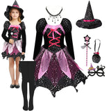 4 Pieces Witch Clothing Set Dress+Hat+Wand+Bag Girls Halloween Wizard Costume 2024 Kid Make up Party Hag Witch Apparel Vestidos