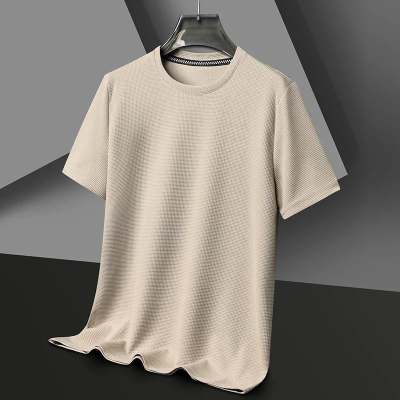 Men's New Summer Waffle round Neck Short Sleeve T-Shirt Comfortable Breathable Short-Sleeved Top for Casual Wear 3