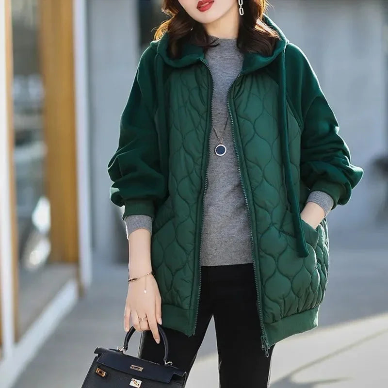 Light Down Cotton Solid Women Cotton Clothes 2025 Winter New Version Temperament  Jacket Hooded Loose Women Tops 5