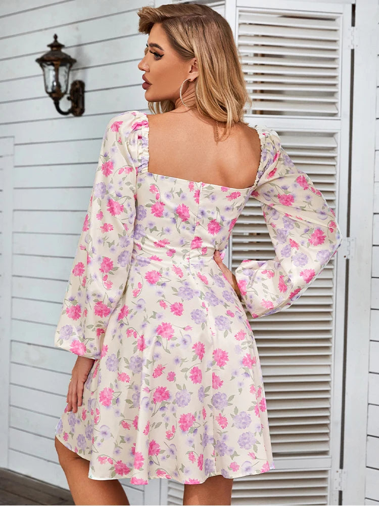 NewAsia Floral Dress Women Lantern Long Sleeve Ruched Print A Line Square Neck Tie up Mini Vestidos Sexy Chic Summer Beach Dress 5