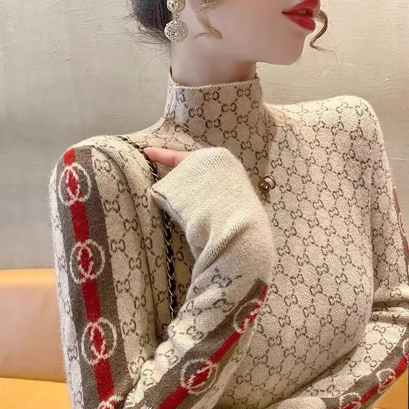 Elegant Fashion Letter Knit Pullover Autumn All-match Slim Long Sleeve Half High Collar Pullovers Lady Chic Top