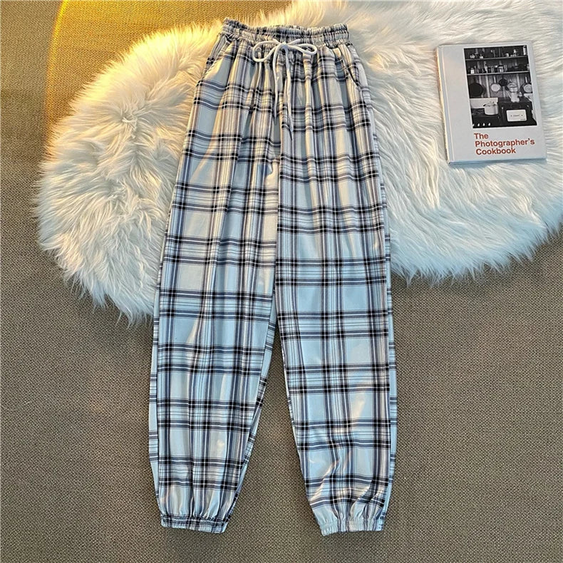 Pants Women New Bunch of feet Fashion Loose Black Plaid Summer Harajuku Students Streetwear Harem Long Trousers Womens Chic 8