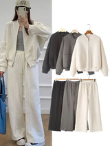 HH Women's Fall 2-Piece Retro Solid Color Zip Bomber Jacket Sweatshirt+High Waist Lace Up Women's Wide Leg Pants Street Wear 2
