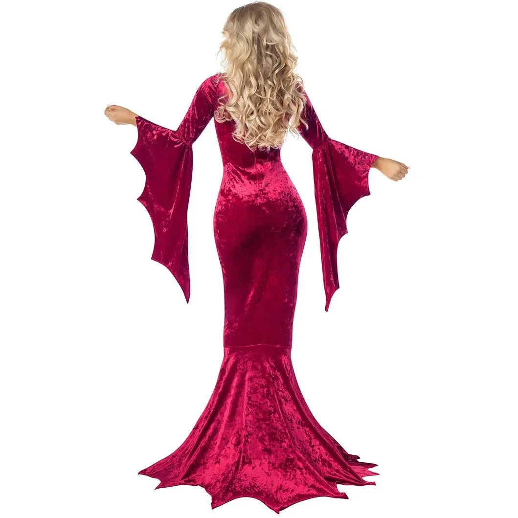 Costume Morticia Addams Long Train Dress Halloween Terror Dark Outfit Gothic Gown Robe Bat Sleeve Horror For Adult 3