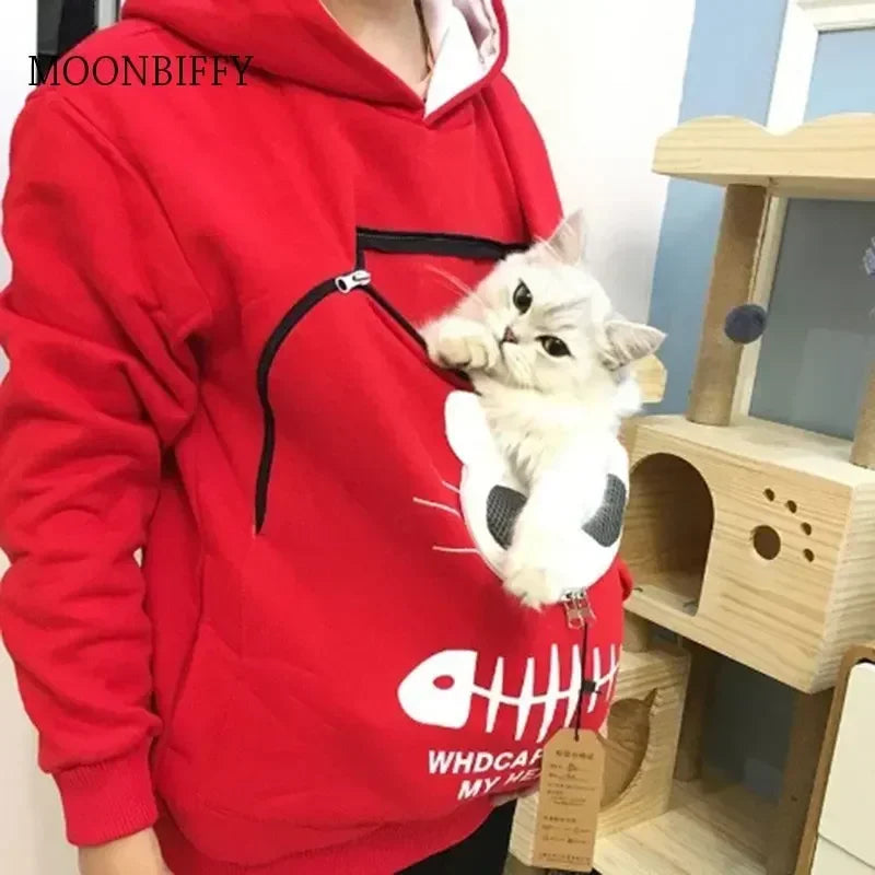 Winter Hoodies Sweatshirt Women Animal Pouch Hood Pullover Blouse Tops Lady Carry Dog Cat