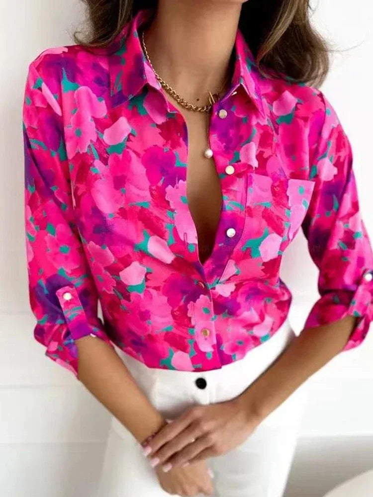 Women's S-2XL size Fashion Commuter Temperament Elegant Flower Print Long Sleeve Blouse Shirt Collar Commuter