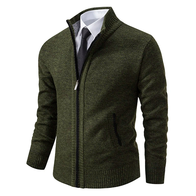 Autumn And Winter New Jersey Men's Casual Sports Coat Solid Color Stand Collar Wweater Grab Fleece Warm Zipper Cardigan 4