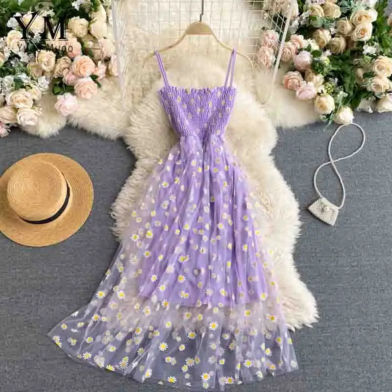 Daisy Print Mesh Midi Dress