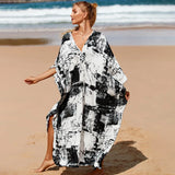 Loose Floral Pleated Kaftan Dresses for Women Wave Neck Swimsuit Cover Up Caftan