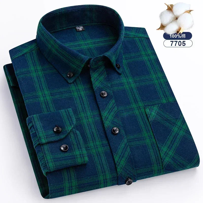 Autumn-Thick-Flannel-Shirt-Plaid-Shirts-Standard-Fit-For-Men-Long-Sleeve-Pure-Cotton-Fashion-Single