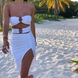 OMSJ 2021 Trend Fashion Women Summer High Split Sexy Hollow Out Off Shoulder Backless Dress Elegant Lady Ruched Drawstring Dress 2