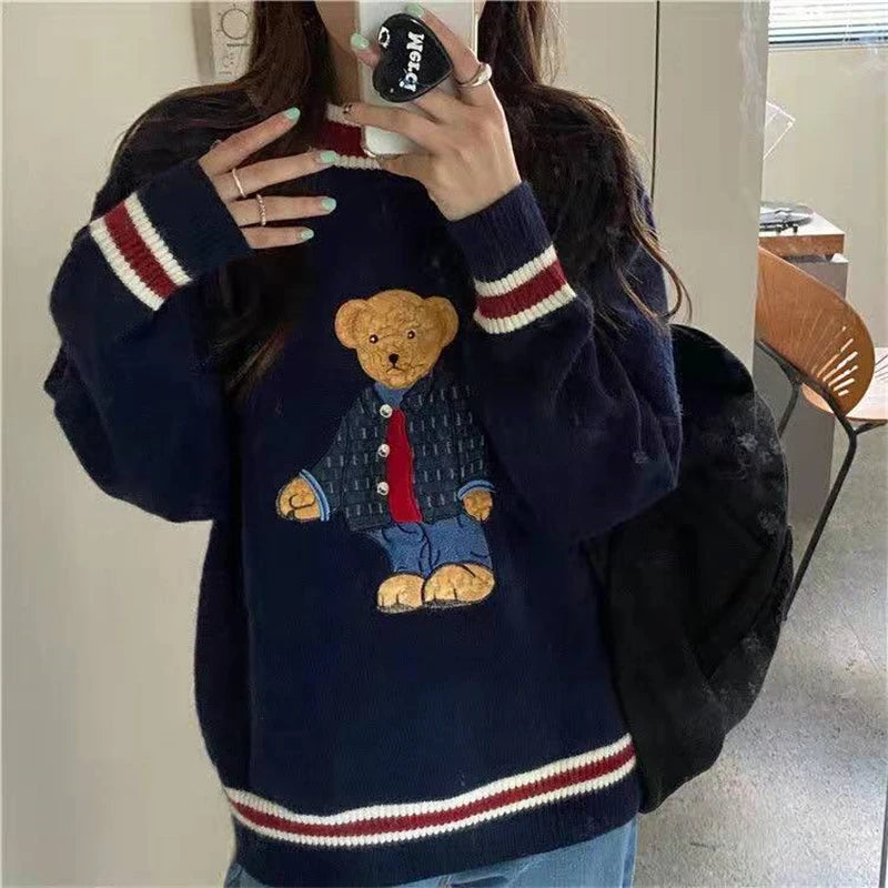 2024 Autumn Winter Women's Vest Japanese Style Cartoon Bear Pullover Vest Sweater Oversize Harajuku Kawaii Clothes Knitted Vest 1