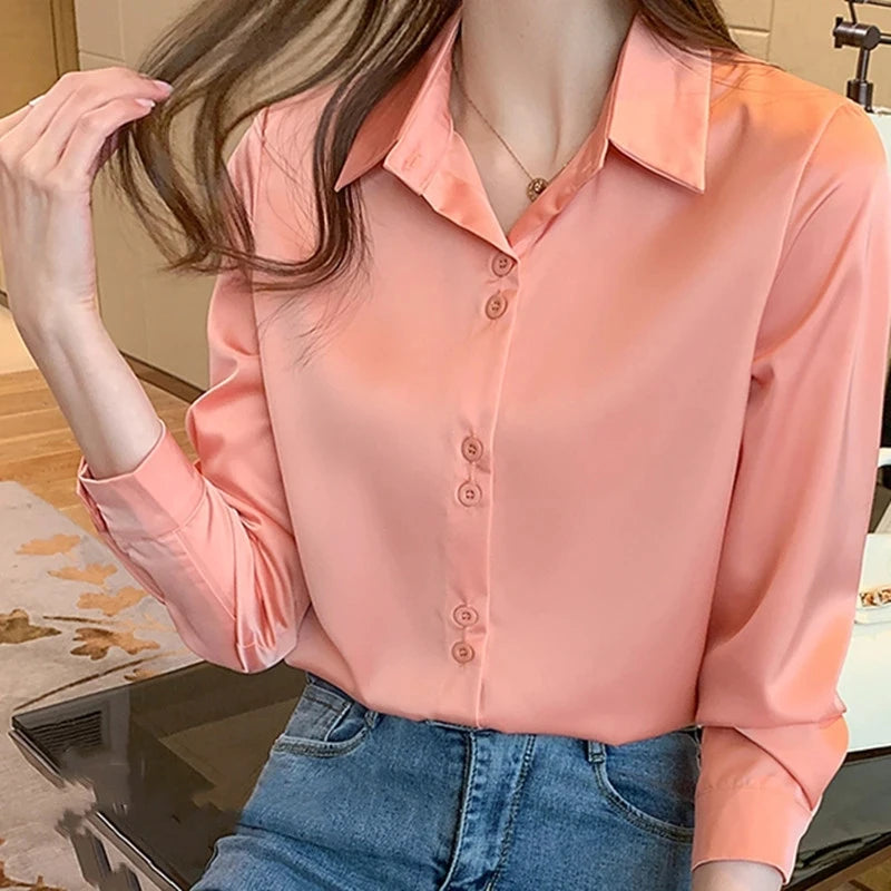 Women's Shirts V-neck Solid Laides Tops Womens 2025 Spring Korean Fashion Long Sleeve Blouses Button Up White OL Vintage Tops