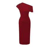 New Summer Elegant Women Evening Dress Chic Solid Sexy Diagonal Collar Folds Slim Midi Party Club Prom Robe Femme Mujer Vestidos 8