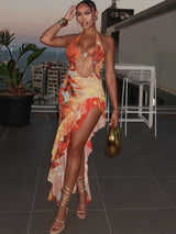 Halter Metal Buckle Dress Women Y2K Hollow Backless Summer Trend High Split Ruffles Sexy Elegant Bandage Maxi Bodycon 5