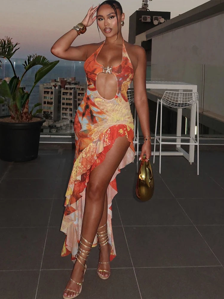 Halter Metal Buckle Dress Women Y2K Hollow Backless Summer Trend High Split Ruffles Sexy Elegant Bandage Maxi Bodycon 5