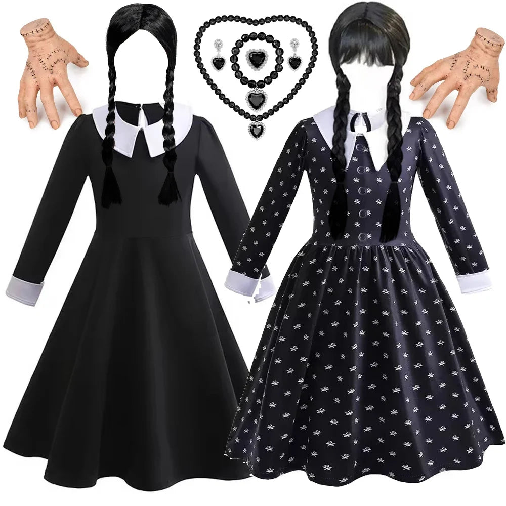 Gothic Black Dress Halloween Costume for Girls 2025 Party Ball Gown Children Cosplay Adams Family Vestido 2