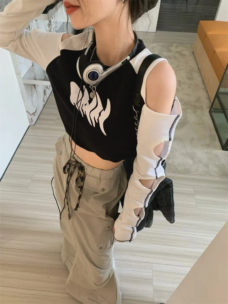 Kpop Fashion 2023 Contrast Crop Tshirt Women Y2K Hollow Out Long Sleeve Tee Summer Harajuku Casual Streetwear Sexy Slim Crop Top 3