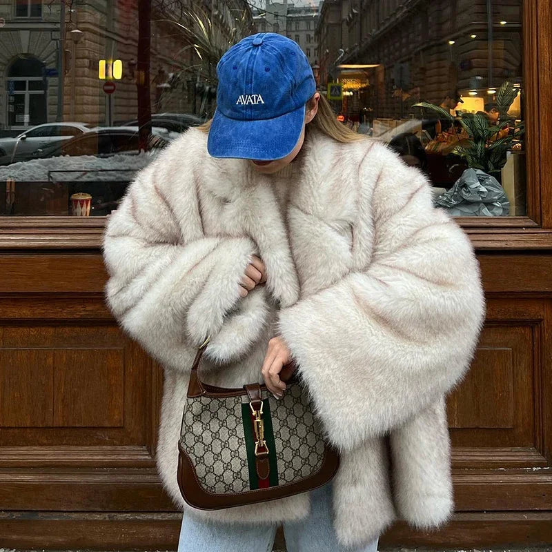 Chic Winter Gradient Faux Fox Fur Oversized Coat