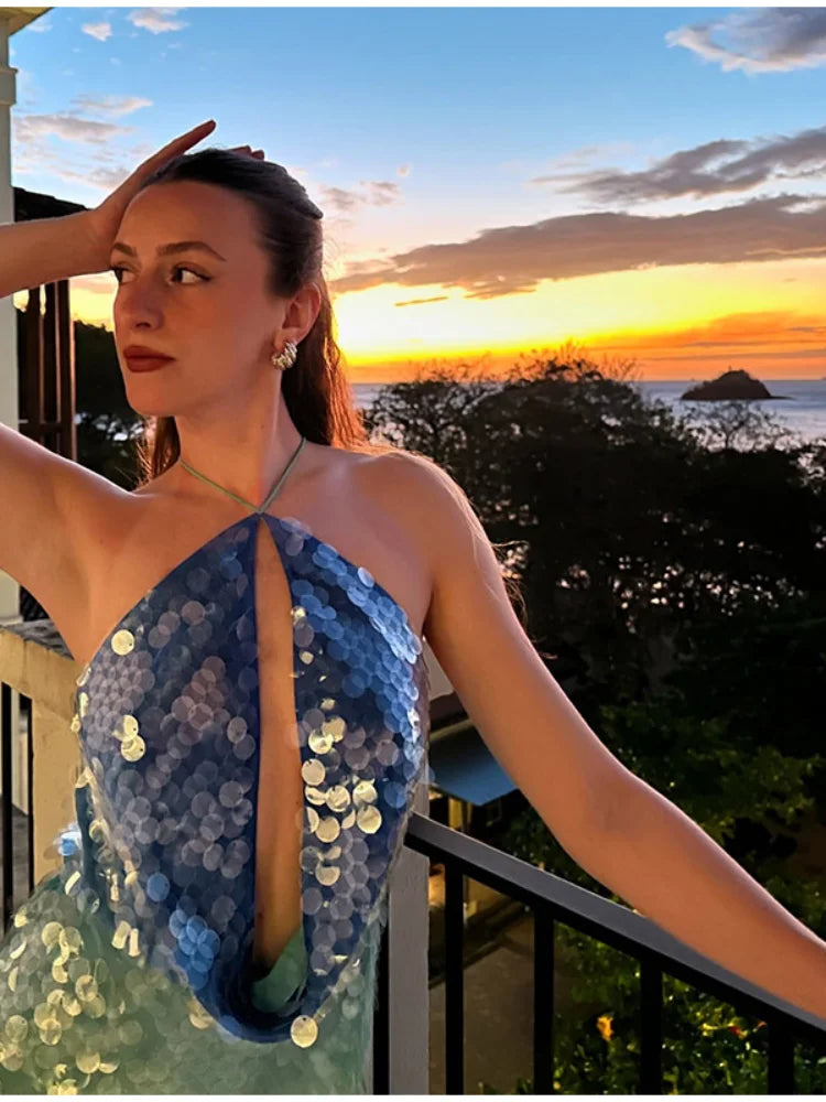 Fashion Sequins Backless Patchwork Halter Mini Dress For Women Backless Sleeveless Party Dress Summer Street Glitter Vestidos 5