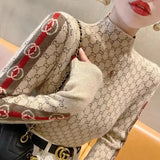 Elegant Fashion Letter Knit Pullover Autumn All-match Slim Long Sleeve Half High Collar Pullovers Lady Chic Top 4