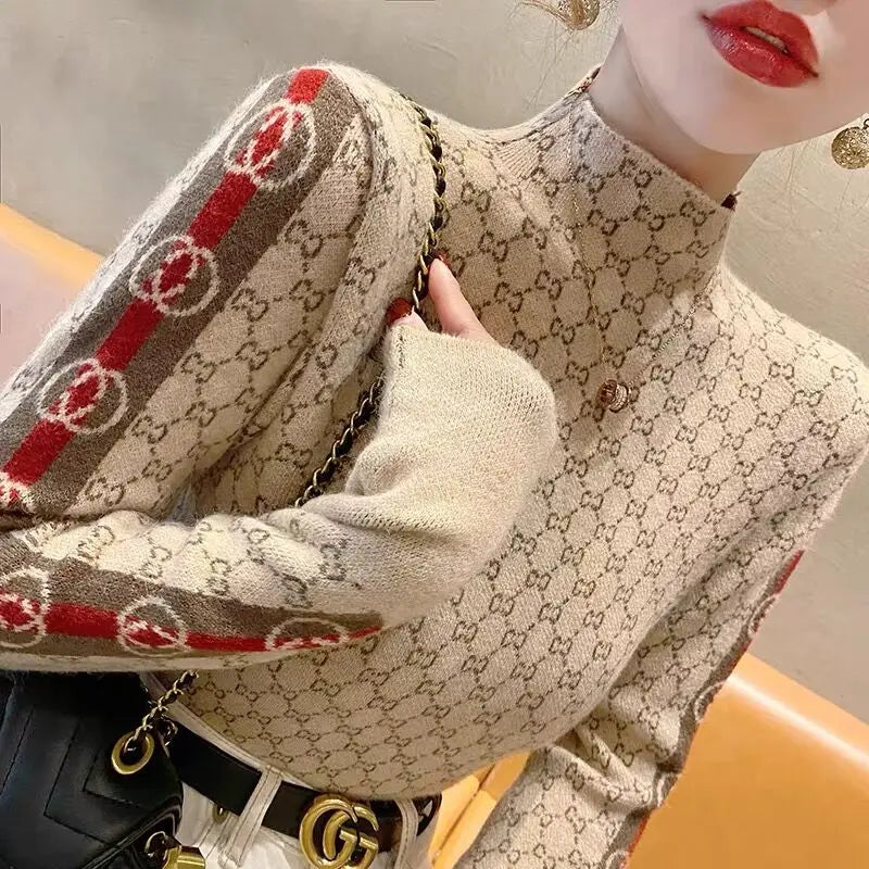 Elegant Fashion Letter Knit Pullover Autumn All-match Slim Long Sleeve Half High Collar Pullovers Lady Chic Top 4