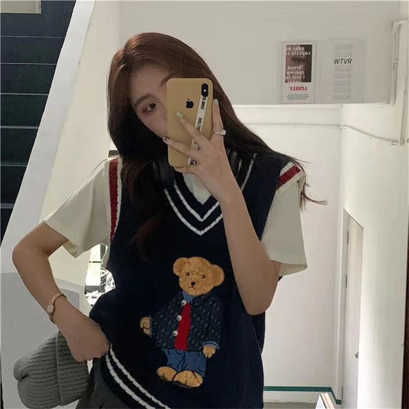 2024 Autumn Winter Women's Vest Japanese Style Cartoon Bear Pullover Vest Sweater Oversize Harajuku Kawaii Clothes Knitted Vest 6