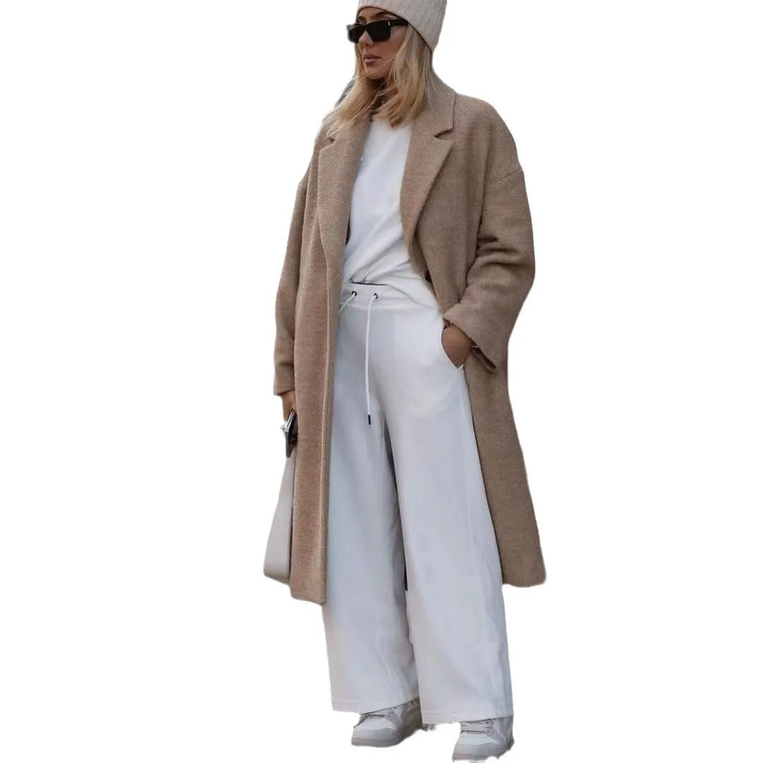 Women Wool Coat Turn Down Collar Solid Long Jacket Single Button Warm Thick Blends Pocket Full Sleeve Jacket Autumn Winter 4